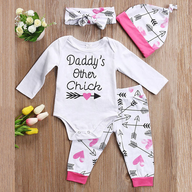 4Pcs Newborn Baby Girl DADDY'S OTHER CHICK Print Romper Outfit Pants Set +Hat+Headband
