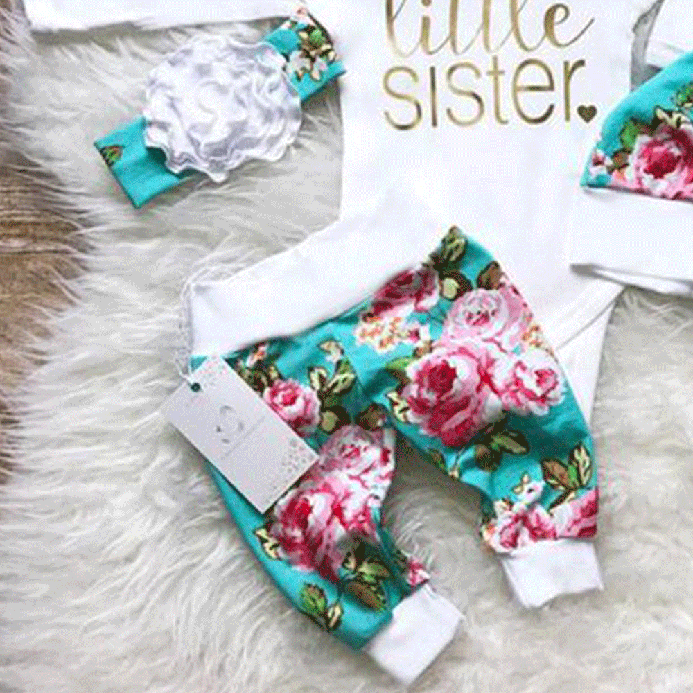 4pcs Little Sister Letter Printed Romper Floral Printed Pants Hat Baby Girl Set
